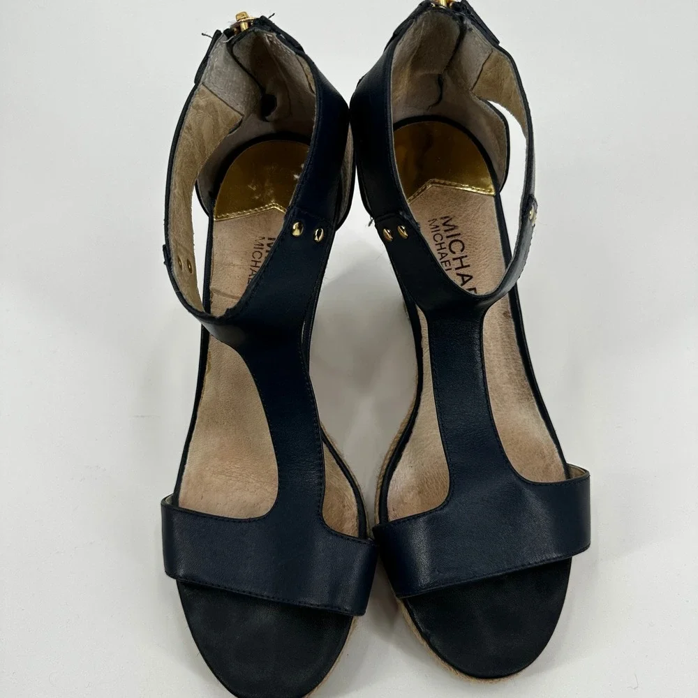 Michael Kors Damita Navy Blue Leather‎ Espadrille Wedge Sandals Gold Cruise Chic